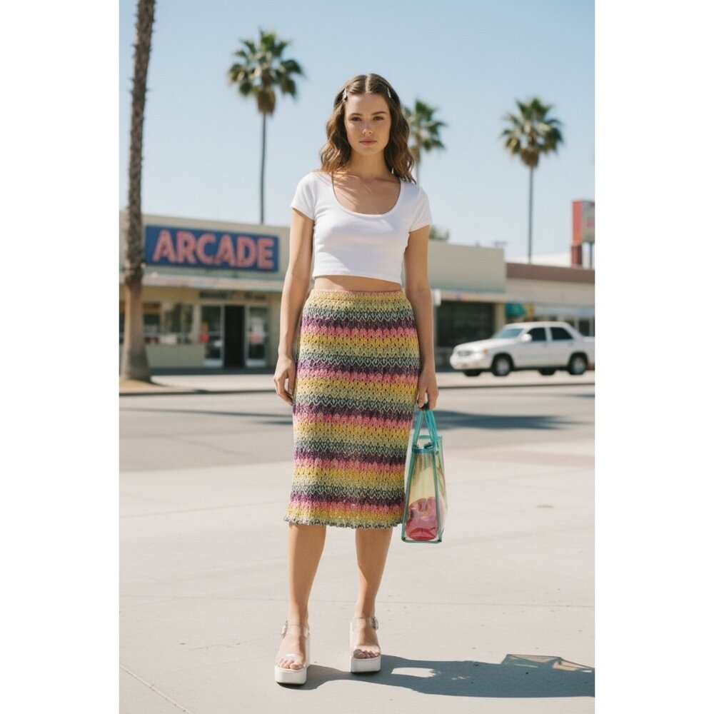Vintage 90s Jacques Multicolor Open Knit Midi Skirt Crochet Chevron Size M